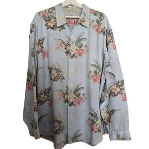 Tommy Bahama Light Blue Floral Hibiscus Long Sleeve Linen Blend Shirt